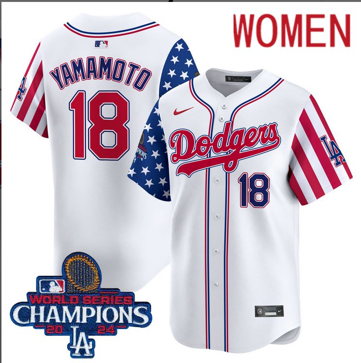 Women MLB Los Angeles Dodgers #18 Yamamoto American Style white 2024 World Series Champions  Limited Jersey